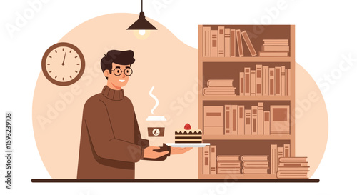 Man Holding Coffee and Cake Near Bookshelf Illustration Vector Graphic