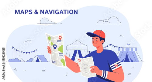Finding Location During Festival Man Holding Maps Exploring Amusement Park Area