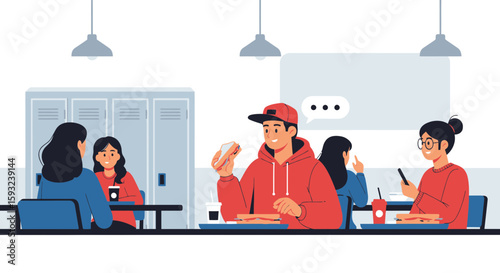 Diverse Students Enjoying Lunch And Communicating In A Modern School Cafeteria