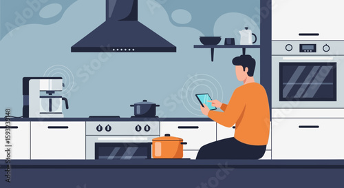 Man In Kitchen Using Tablet Preparing Food With Modern Appliances Setup