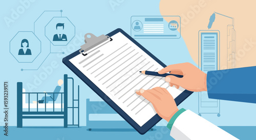 Doctor Records Patient Information With Digital Connectivity In A Hospital Setting