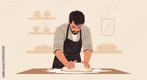 Man Kneading Dough Preparing Bread In Kitchen Illustration In Minimal Style