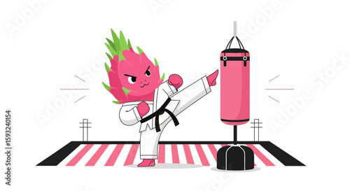 Dragon Fruit Karate Master Practicing Kickboxing In The Dojo With Punching Bag