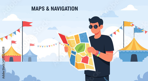 Man Navigating Festival Grounds Using Colorful Detailed Map For Discovery