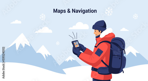 Man Navigating Through Winter Landscape Using Smart Device During Snowy Adventure