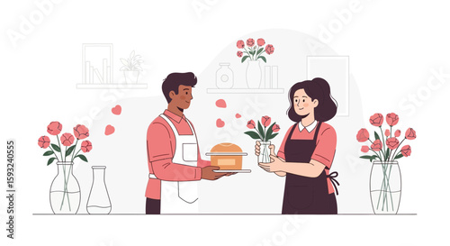 Floral Designers Arranging Bouquets And Preparing Baked Goods In A Shop