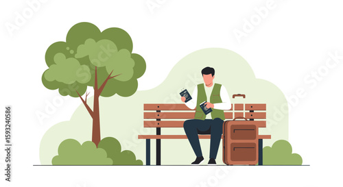 Man On Bench Holding Passports Planning Vacation Trip In Park Travel Concept