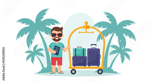 Happy Tourist Man Arriving At A Tropical Resort With Luggage Cart