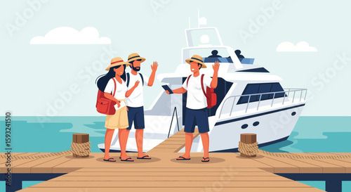 Happy Travelers Departing On Cruise Ship For Tropical Island Getaway