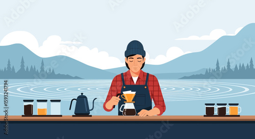 Man Prepares Coffee Pour Over Method By The Lake With Mountain Scenery