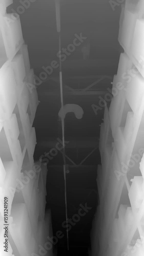 Grayscale depth map visualizing a warehouse interior, showing rows of shelving and ceiling infrastructure with varying depth intensity from near to far.