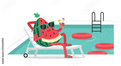 Happy Watermelon Relaxing Poolside With Cocktail On Sunny Summer Vacation