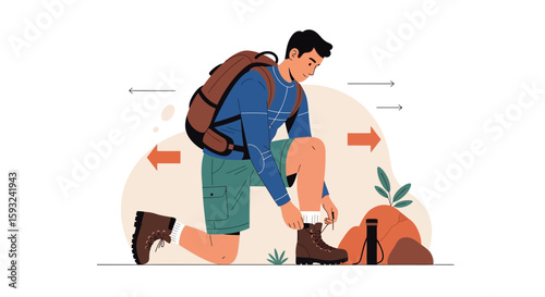 Man Prepares For Adventure Securing His Hiking Boots Before Setting Off Outdoors
