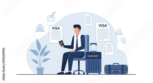 Man Prepares For International Travel With Visa Passport And Luggage