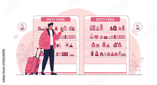 Duty Free Shopping Experience Man With Suitcase Choosing Perfume Fragrance