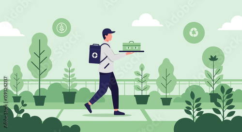 Eco Friendly Delivery Service With Greenery Plants And Icons On Earth Tone Color