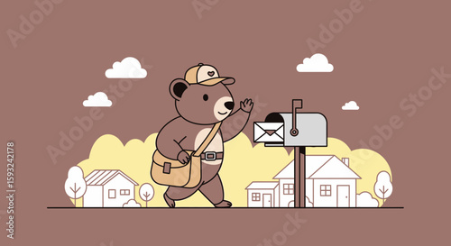 Friendly Bear Delivering Mail In Neighborhood, Cartoon Illustration, Postman Animal