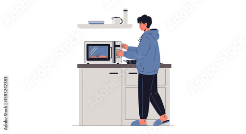 Man Preparing Food In Microwave At Home Modern Kitchen Interior Scene