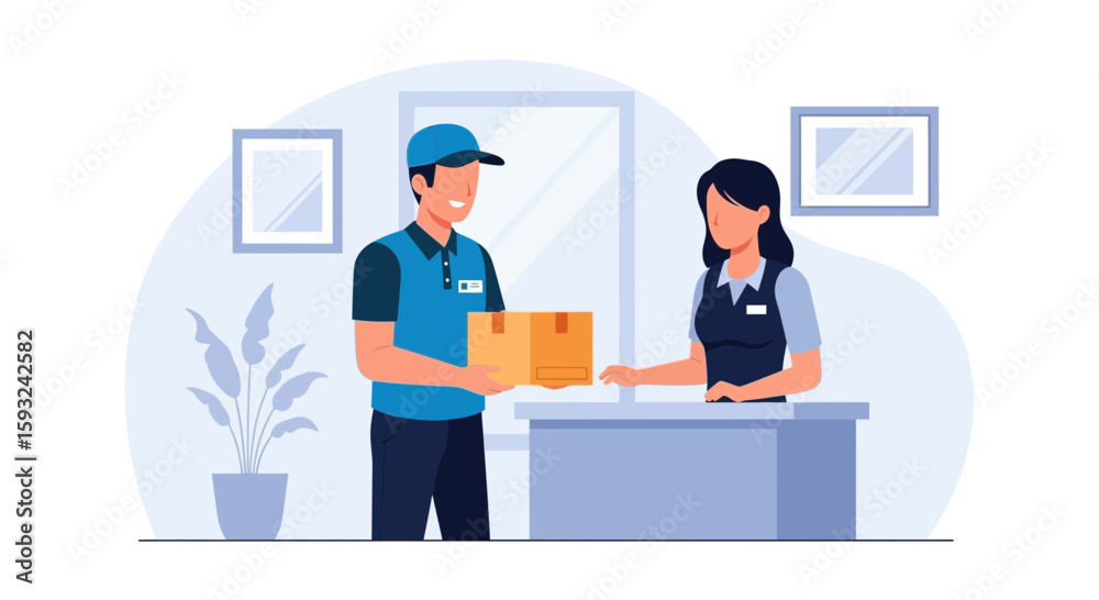 Obraz premium Friendly Delivery Service Agent Delivering Package To Receptionist At Office