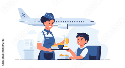Friendly Flight Attendant Serving Meal to Passenger Onboard Airplane