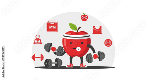 Healthy Apple Character Lifting Dumbbells Doing Fitness and Training in the Gym