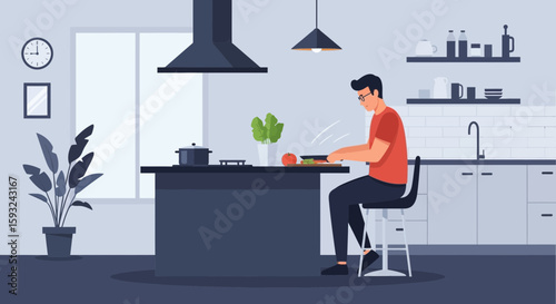 Man Preparing Meal In Modern Kitchen Interior Illustration Design