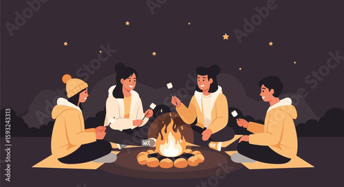 Friends Enjoying Campfire Roasting Marshmallows Under The Stars Together Adventure