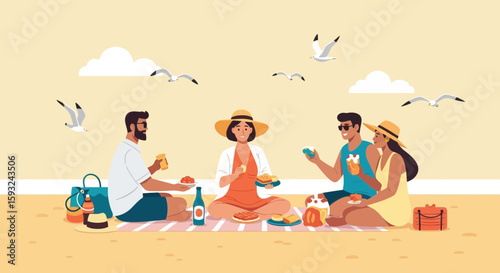 Friends Enjoying Summer Beach Picnic Relaxation With Refreshments And Seaside Vacation