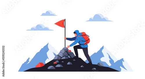 Man Reaching Mountain Peak Placing Flag, Symbolizing Achievement And Success
