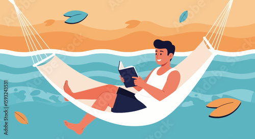 Man Reading Book While Relaxing in Hammock Near Beach in Summer Vacation