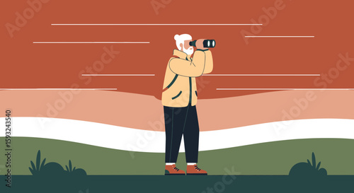 Elderly Man Exploring Nature with Binoculars in Serene Landscape Illustration