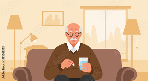 Elderly Man Taking Medication At Home Seated On Sofa Interior Setting