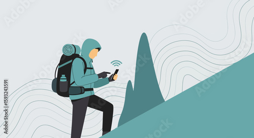 Hiker Connects With Mobile Phone On Mountain Adventure Journey Technology Concept