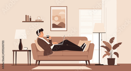 Man Relaxing At Home With Laptop And Coffee During Remote Work