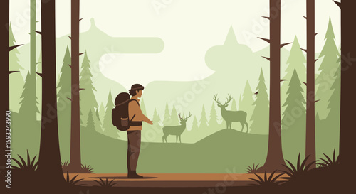 Hiker Observes Deer In Wilderness Landscape With Forest Vector Illustration