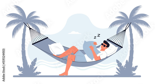 Man Relaxing In Hammock Between Palm Trees On Tropical Beach Vacation