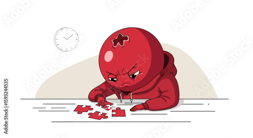 Frustrated Cartoon Character Trying To Solve A Jigsaw Puzzle At The Table