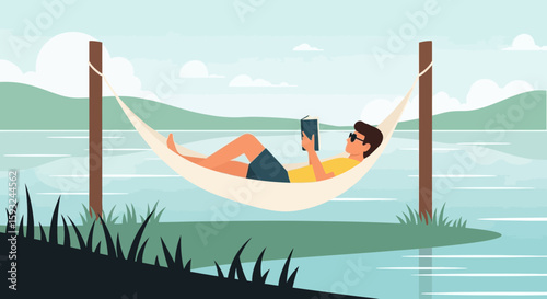 Man Relaxing In Hammock Reading Book By Lake During Summer Vacation