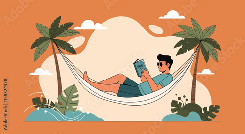 Man Relaxing In Hammock Under Palm Trees Reading Book On Vacation