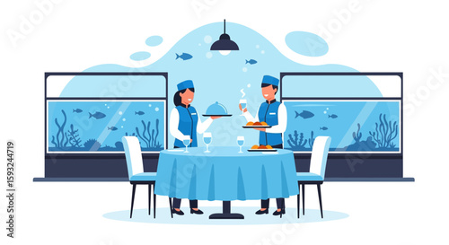 Elegant Dining Experience In An Upscale Seafood Restaurant With An Aquatic Theme