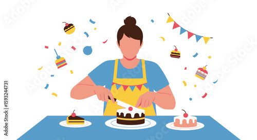 Home Baker Enjoying Cutting Cake For A Special Birthday Celebration Event