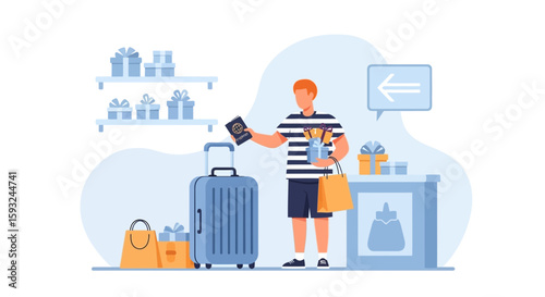 Holiday Shopper At The Airport Preparing To Travel Abroad With Souvenirs