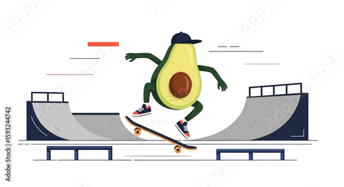 Fun Avocado Character Doing A Trick On A Skateboard In A Skatepark