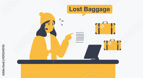 Frustrated Traveler Reporting Lost Luggage To Airline Employee At Airport Desk
