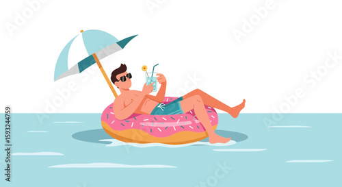 Man Relaxing On Donut Pool Float With Cocktail And Umbrella In Summer