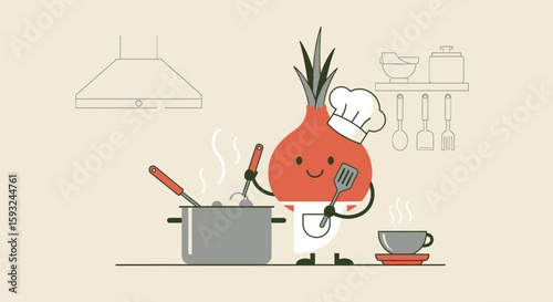 Fun Kitchen Scene With Cute Onion Chef Preparing Food In A Pot