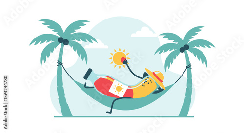 Fun Summer Time: A Cartoon Drink Character Relaxing in a Hammock Vacation Scene