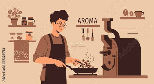 Man Roasting Coffee Beans With Professional Equipment And Kitchen Utensils