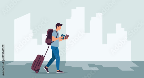 Man Traveling With Luggage And Documents In Front Of Abstract Cityscape