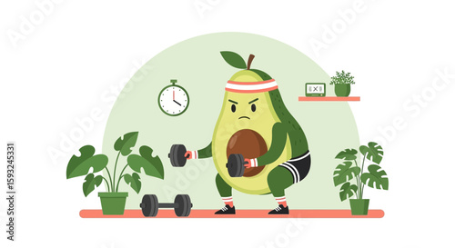 Funny Avocado Character Doing Squats With Dumbbells During Home Workout